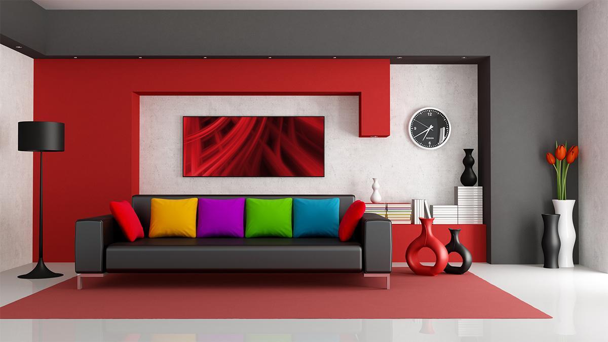 Thiết kế phòng khách với hai màu đỏ trắng